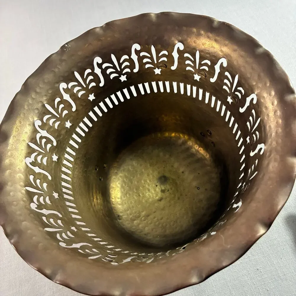 Vintage Solid Brass Planter Cachepot Jardiniere Pierced Footed Made In India